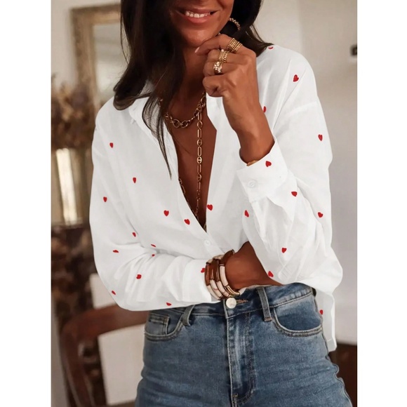 White Casual Shirt Red Hearts Button Down Up Long Sleeve - Picture 5 of 11